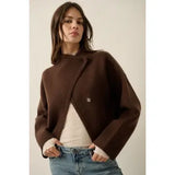 Brown Jacquard-Knit High-Collar Offset Sweater Jacket