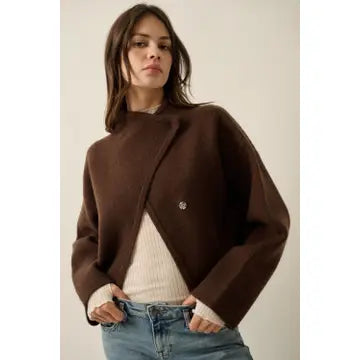 Brown Jacquard-Knit High-Collar Offset Sweater Jacket