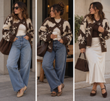 Abstract Jacquard-Knit High-Collar Offset Sweater Jacket