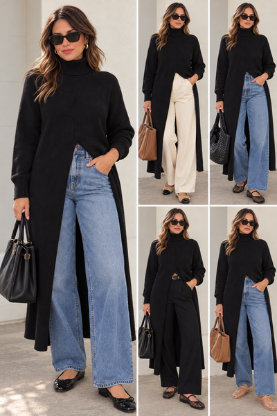 Cecilia (Black) Front Slit Tunic Sweater