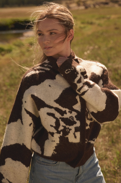 Abstract Jacquard-Knit High-Collar Offset Sweater Jacket