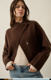 Brown Jacquard-Knit High-Collar Offset Sweater Jacket