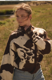 Abstract Jacquard-Knit High-Collar Offset Sweater Jacket
