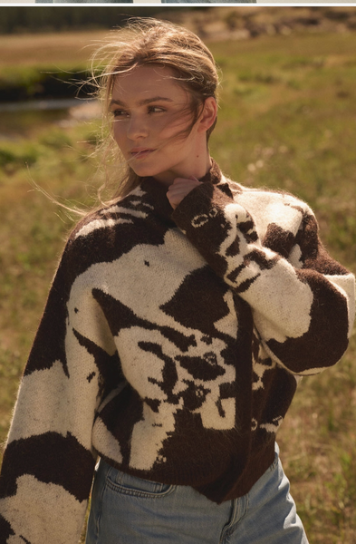 Abstract Jacquard-Knit High-Collar Offset Sweater Jacket