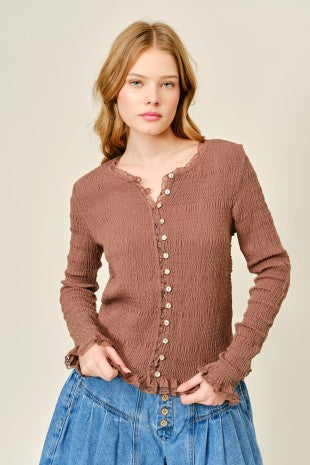 Idalia (Taupe) Smocked Lace Edge Cardigan
